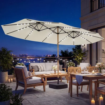 The Range Outsunny 4.6m Double Sided Garden Parasol 48 LED Lights with Base - Cream