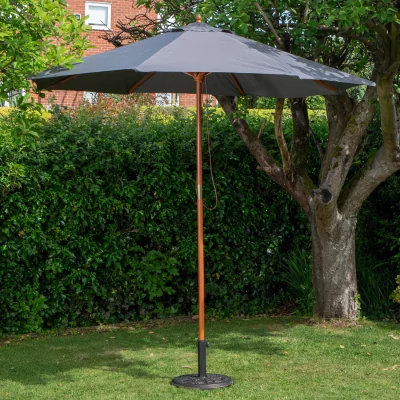 The Range 2.7m Outdoor Wooden Garden Parasol Sun Shade with Carry Bag in Grey with 9kg Base Included - Grey