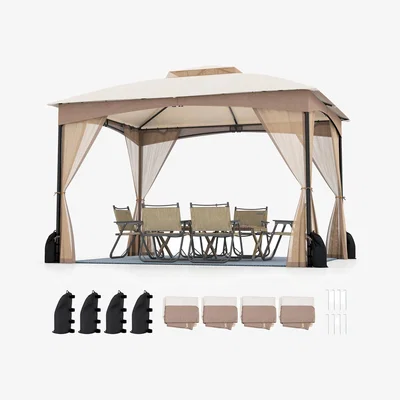 The Range 365 x 300 cm Patio Gazebo with Netting Walls - Brown