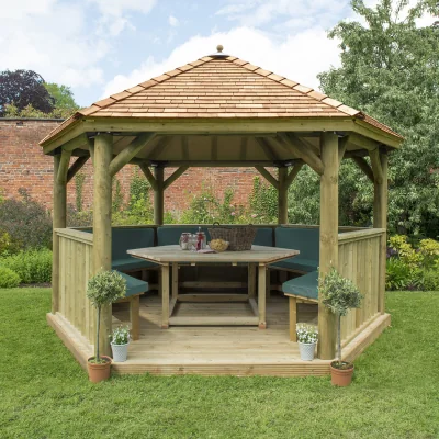 The Range Hexagonal Garden Gazebo - Furnished - Red / 4 Metre / Cedar