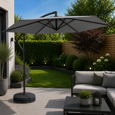 The Range 3m Cantilever Banana Garden Parasol with Crank Handle in Grey with Base Bag Included - Grey