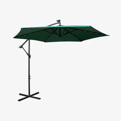 The Range 3m Solar Powered Cantilever Lit Banana Garden Parasol with Crank Handle & White LED Lights in Green - Green