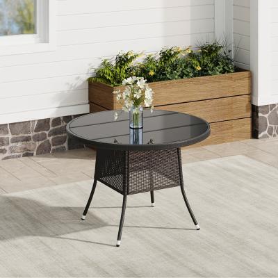 The Range Garden Wicker Tempered Glass Table with Parasol Hole - Black