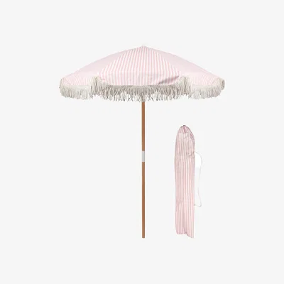 The Range Wooden Garden Parasol with Tassel Fringe Sunshade - Pastel Pink Stripe