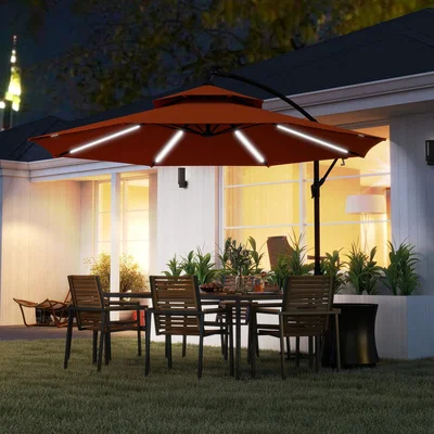 The Range Outsunny 3m Cantilever Banana Parasol Hanging Umbrella with Double Roof,LED - Orange