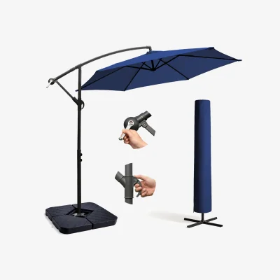 The Range 3M Cantilever Garden Parasol with Cover & 4pc Fillable Base Set - Navy
