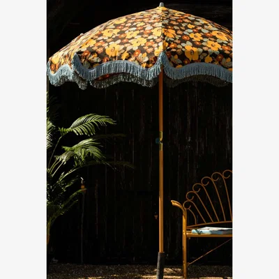 Rockett St George HKliving Floral Flourish Parasol with Blue Fringing