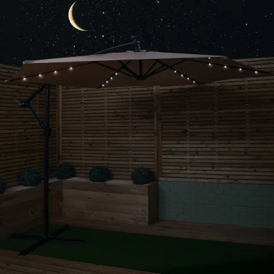 The Range 3m Solar Powered Lit Banana Cantilever Garden Parasol with LEDs & Base Weights Included in Beige - Beige