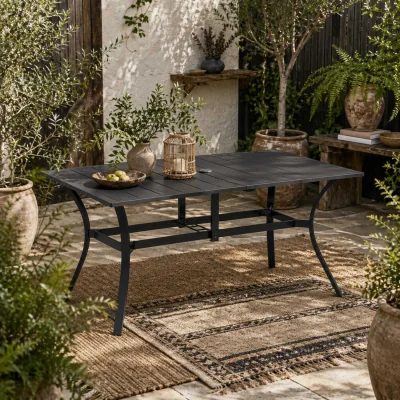 The Range Ludo 150cm Black Steel Rectangular Garden Dining Table with Slatted Top and Parasol Hole