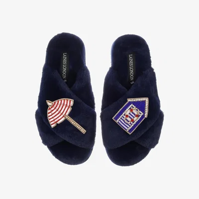 Wolf & Badger Women's Blue Classic Laines Slippers With Beach Hut & Parasol Brooches - Navy Extra Large Laines London