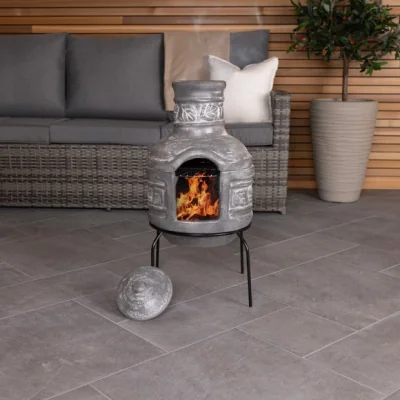 Dunelm Charles Bentley Leaf Motif Clay Chiminea With BBQ Grill