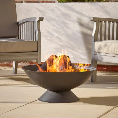 Gardenesque Cast Iron Fire Pit with Grill & Metal Poker - 56cm Circle Fire Pit - Circular Outdoor Grill