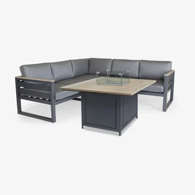 John Lewis KETTLER Elba Grande 6-Seater Garden Corner Lounging Set with Firepit, FSC-Certified (Teak Wood), Grey/Natural