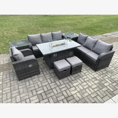 The Range Fimous 9-Seater Rattan Garden Set with Gas Fire Pit Table and Reclining Chairs - Dark Grey