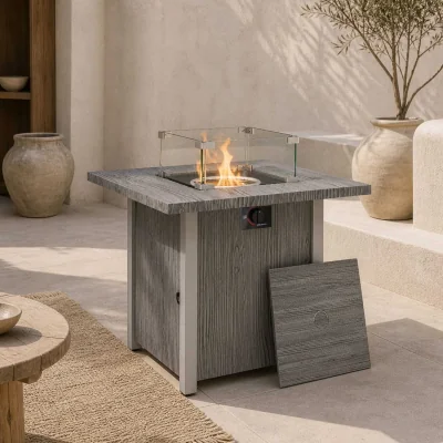 The Range Lenefa Steel Grey Wood Effect Outdoor Gas Fire Pit Table