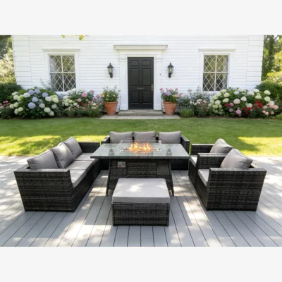 The Range Fimous Rattan Gas Fire Pit Lounge Sofa & Dining Set - Dark Grey Mixed