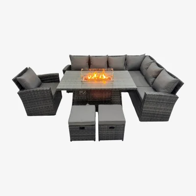 The Range Fimous High-Back Rattan Gas Fire Pit Dining Table - Dark Grey Mixed