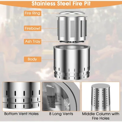 The Range Costway 49 cm Smokeless Fire Pit Stainless Steel Wood Burning Firepit  - Silver