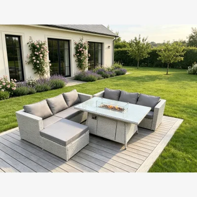 The Range Rattan Garden Furniture Set Gas Fire Pit Table Footstool