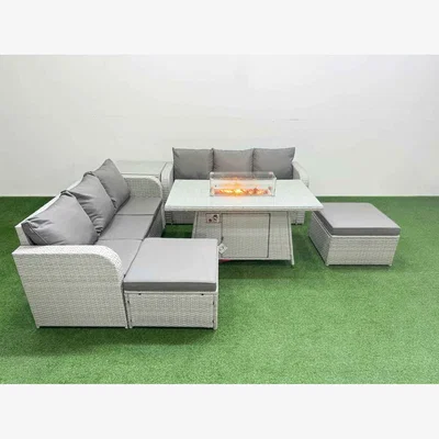 The Range Fimous 8-Seater Outdoor Rattan Garden Furniture Set with Firepit Dining Table - Light Grey - Light Grey