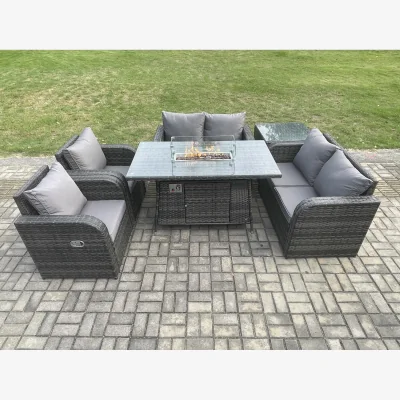 The Range Fimous 6-Seater Rattan Garden Furniture Set with Propane Gas Fire Pit Table and Reclining Chairs. - Dark Grey