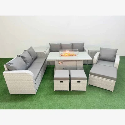 The Range Fimous 10-Seater Poly Rattan Outdoor Garden Furniture Set with Firepit Dining Table Light Grey - Light Grey