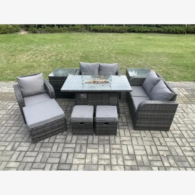 The Range Fimous Outdoor Rattan Garden Set with Gas Fire Pit and Reclining Chair - Dark Grey Mixed - Dark Grey