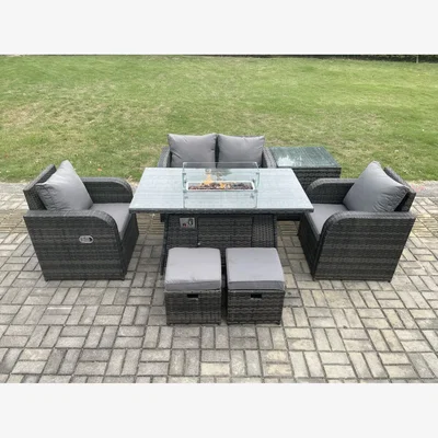 The Range Fimous 7-Piece Rattan Garden Furniture Set with Gas Firepit Table and Reclining Chairs. - Dark Grey