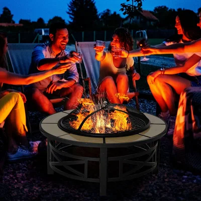 The Range Metal Large Fire Pit, Outdoor Firepit Bowl with Grill, Spark Screen Cover - Black Frame, Light Yellow Tabletop