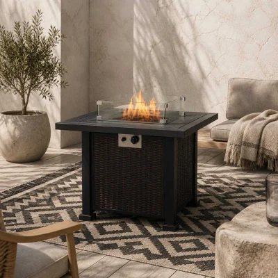 The Range Tafiyo Rattan Effect Black and Brown Square Propane Gas Fire Pit Table