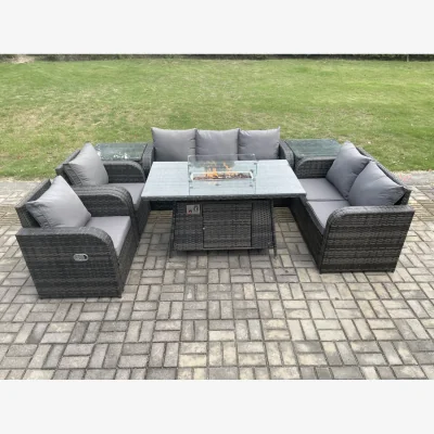 The Range Fimous 7-Seater PE Wicker Outdoor Rattan Garden Set with Propane Gas Fire Pit Table & 2 Side Tables - Dark Grey
