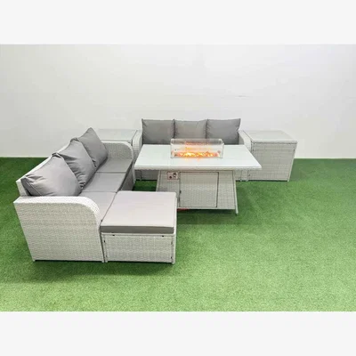 The Range Fimous 7-Seater Outdoor Wicker Rattan Furniture Set with Firepit Dining Table Light Grey - Light grey PE rattan with dark grey fabric