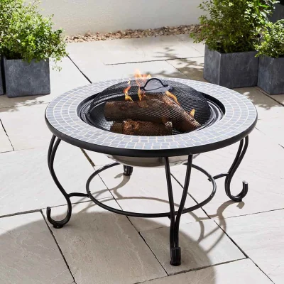 The Range 4 in 1 Fire Pit BBQ Grill Ice Cooler Round Ceramic Table - Black