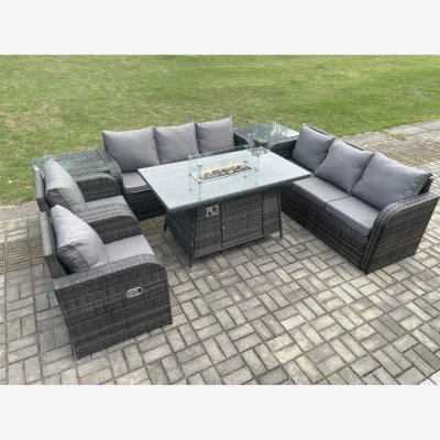 The Range Fimous Patio Rattan 8-Seater Garden Furniture Set with Fire Pit Table and Reclining Chairs. - Dark Grey