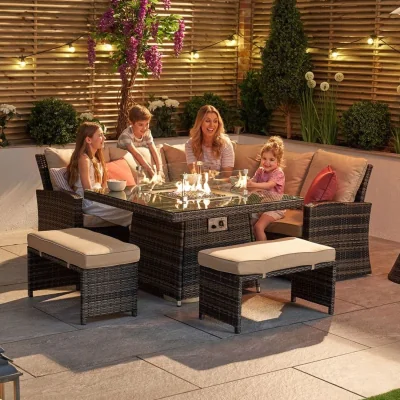 The Range Abrihome 7 Seater Rattan Garden Furniture with Fire Pit Table Set - Brown