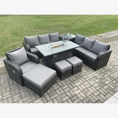 The Range Fimous 10-Seater Wicker Rattan Garden Set with Gas Firepit Table. - Dark Grey