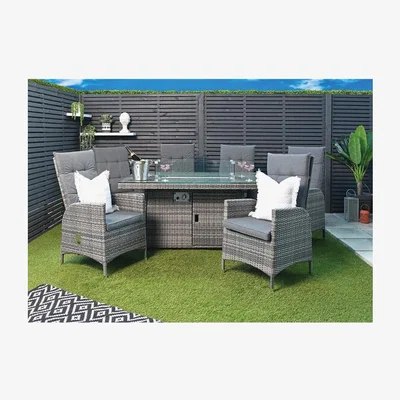 The Range 7 Piece Windsor Outdoor Furniture Set with Built-In Fire Pit Cage - 6 Seater & Rectangular Table - Table Dimensions: 75cm x 150cm x 90cm