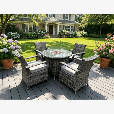 The Range Fimous 4-Seater Rattan Gas Fire Pit Dining Set - Dark Grey Mixed