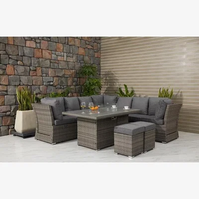 The Range New Hampshire Fire Pit Patio & Decking Furniture Set - Five Piece Grey - Built-In Tabletop Fire Pit in Safety Cage - Reclining Armrests