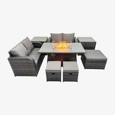 The Range Fimous 7-Seater Gas Firepit Rattan Dining Set with Sofas, 3 Stools & 2 Side Tables Dark Grey. - Dark Grey Mixed