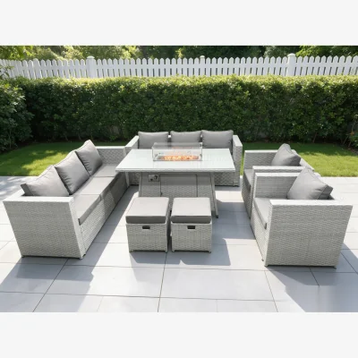 The Range Rattan Fire Pit Dining Set Garden Furniture Set Chairs Stools - Light Grey Mixed