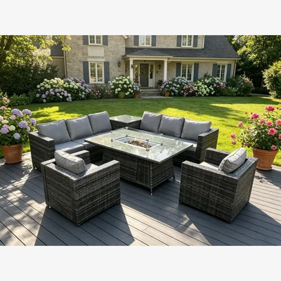 The Range Fimous 8-Seater Rattan Gas Fire Pit Corner Dining Set with Side Table & Chairs - Dark Grey Mixed