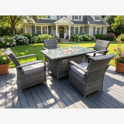 The Range 4 Seater Rattan Gas Fire Pit Dining Set - Dark Grey Mixed