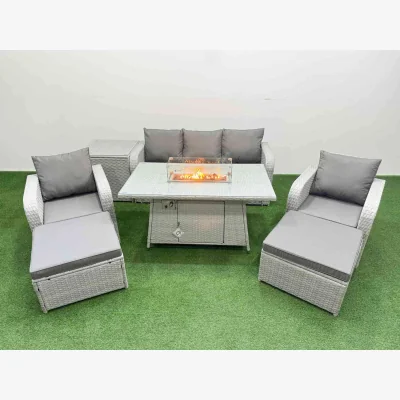 The Range Fimous Rattan 7-Piece Garden Set with Reclining Chairs & Firepit Table Grey - Light Grey
