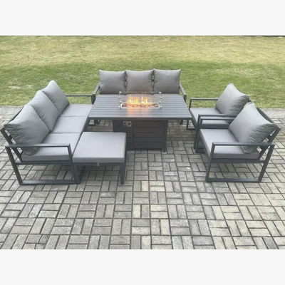 The Range Fimous 9-Seater Aluminium Outdoor Garden Furniture Set with Gas Fire Pit Dining Table, Dark Grey. - Dark Grey