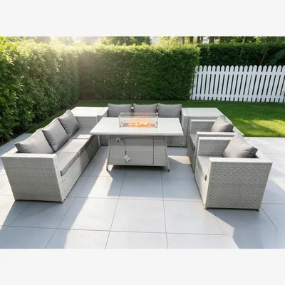 The Range Rattan Fire Pit Garden Furniture Set 2 Side Coffee Table And Chairs - Light Grey Mixed