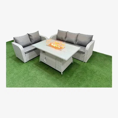 The Range Fimous 5 Seater PE Rattan Wicker Garden Furniture Set with Firepit Dining Table - Light Grey