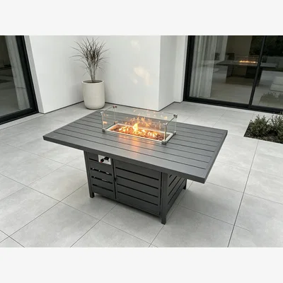 The Range Fimous Aluminium Fire Pit Dining Table, Gas Heater, 140 x 80 x 69 cm, Dark Grey, No Glass. - Dark Grey