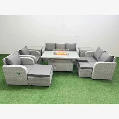 The Range Fimous PE Rattan Garden Set with Firepit Table, Reclining Chairs - Light Grey