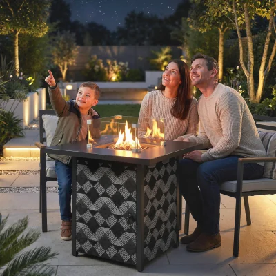 The Range Outsunny Square Propane Gas Fire Pit Table with Glass Wind Guard - Black